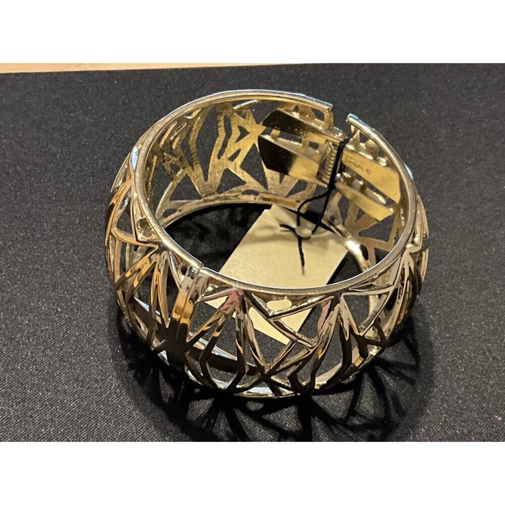 Wide Gold Tone Hinged Open Modern Abstract Design Bracelet